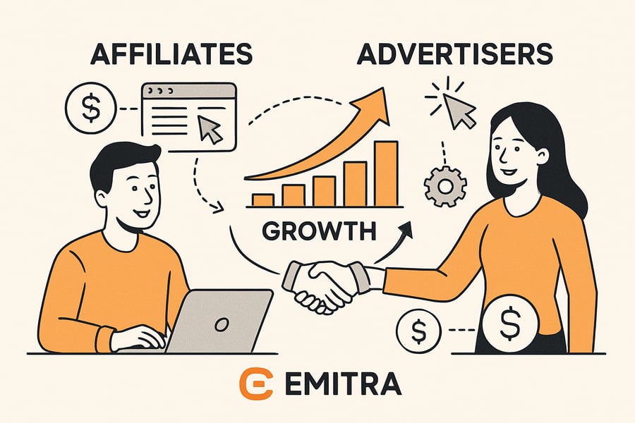 Illustration of affiliates and advertisers collaborating for growth on Emitra